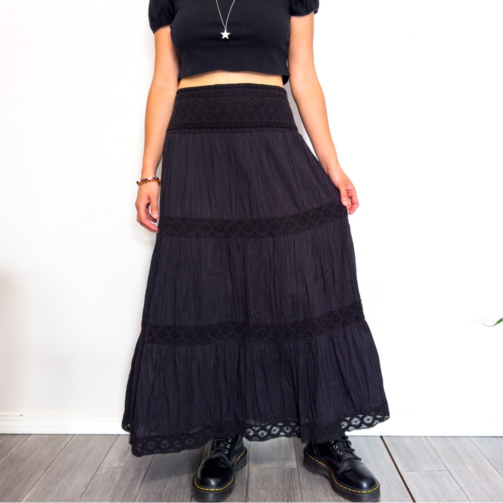 Vintage 90s Tiered Black Maxi Skirt with elastic waist Boho Whimsigoth Fairy